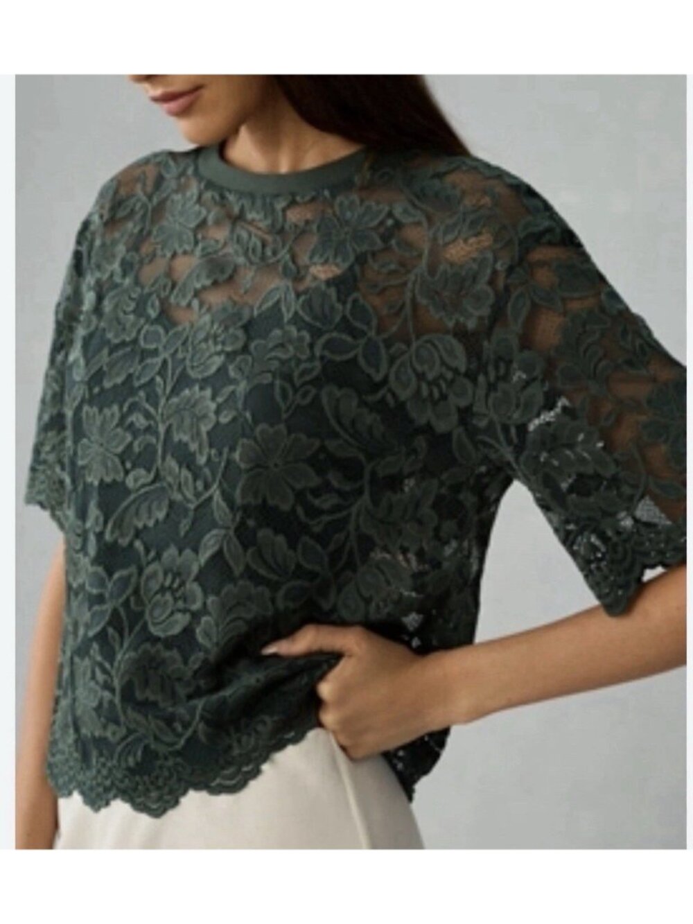 Dolan By Anthropologie Floral Sheer Lace Boxy Top Size XL Green Short Sleeve